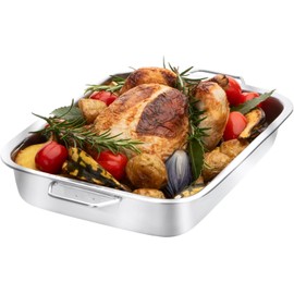 Stainless Steel Roasting Pan with Raised Bottom – 25cm Durable Roaster & Baking Tray, Hob & Oven Safe, Reinforced Rim, Even Heat Distribution, Perfect for Meats & Vegetables, Dishwasher Safe