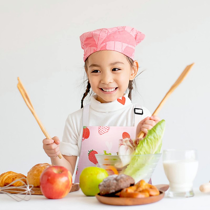 Athbavib Kids Apron, Strawberry, Pink, With Triangle Band, Pockets, Children's
