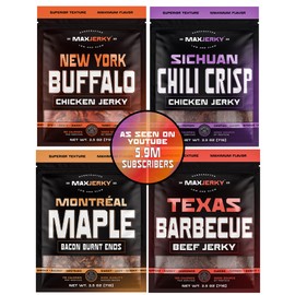 MaxJerky Jerky Variety Pack, Montreal Maple Bacon, Texas BBQ Beef Jerky, New York Buffalo Chicken Jerky, and Sichuan Chili Chicken Jerky (4 Pack)