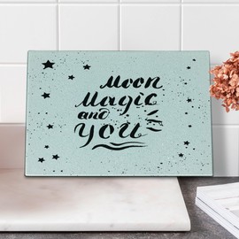 Ambesonne Romantic Cutting Board, Moon Magic and You Inspirational Messy Modern Brush Pen Calligraphy with Stars, Decorative Tempered Glass Cutting and Serving Board, Small Size, Black White