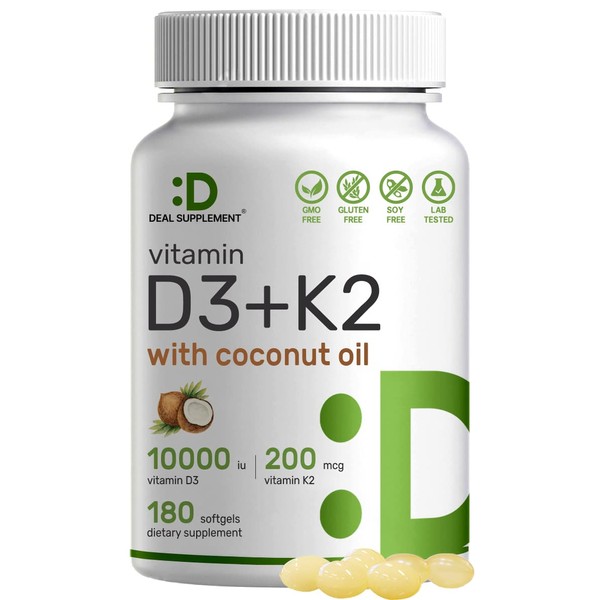 Vitamin D3 10,000 IU + K2 MK7 200 mcg, Infused with Virgin Coconut Oil, 180 Softgels, Double Strength Vitamin D & K, Promotes Heart, Bone & Teeth Health - Very Easy to Swallow