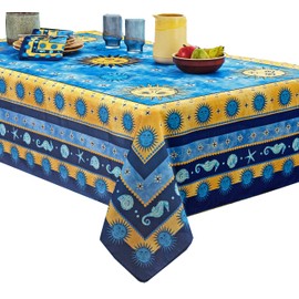 Home Bargains Plus Celestial Provence - Mantel de tela con bordes de diseño solar, resistente a las manchas y al agua, mantel de Provenza francesa sin arrugas, 132 x 177 cm, rectangular/rectangular