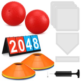 Poen 19 Pcs Sports Kickball Set, Including 2 Pcs 10 Inch Playground Ball with Air Pump 5 Pcs Rubber Bases 10 Pcs Foul Marker Discs and a Flip Scoreboard for Kids Adults Boy Girl Outdoor Backyard Game