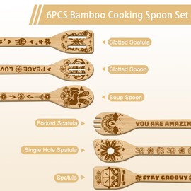 GLOBLELAND Set of 6 Skeleton Bamboo Cooking Utensils Set Made of Wood with Engraving, Cooking Spoon Set, Carving, Bamboo Spatula Set, Wooden Cooking Spoon for the Kitchen, Funny Housewarming Gift