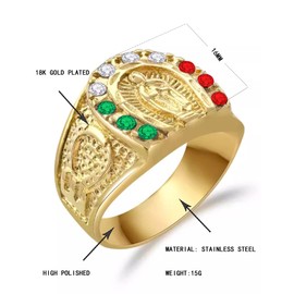 JAJAFOOK Men's Gold Plated Color Cubic Zirconia Ring Guadalupe Virgin Mary Ring Religious Ring Size 7-13