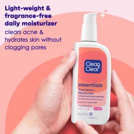 Clean & Clear Essentials Dual Action Oil-Free Facial Moisturizer, Salicylic Acid Acne Treatment with Pro-Vitamin B5 Moisturizes While Treating Acne & Helping to Prevent Pimples, 4 fl. oz, 3 Pack