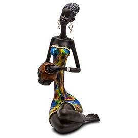 Novelty Statue African Figurine Sculpture Colorful Sitting Down Lady Figurine Holding Vase - Best Décor Collectible Africans Art Piece Gifts for Mom 15.5" Inches Tall Anniversary Idea Gift