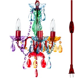 gypsy color The Original Plug-in 3 Light Multicolor Hanging Swag Chandelier H17”xW12”, Red Metal Frame with Multicolor Glass Stem and Acrylic Crystals