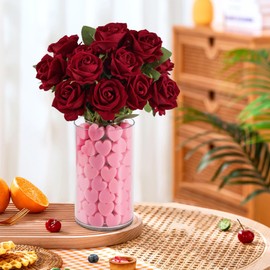 12 Artificial Red Roses and 100 Pink Sponge Heart Decorations Vase Filler Set, Decoration Table Centerpiece for Tables for Home Office Decoration, Dining Table Centerpiece (Red Rose Pink Sponge)