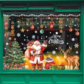 Lonya Christmas Window Stickers Large Reusable Merry Xmas Party Decorations Santa Claus Reindeer Clings 6 Sheeet for Windows Glass Door White,30x90cm