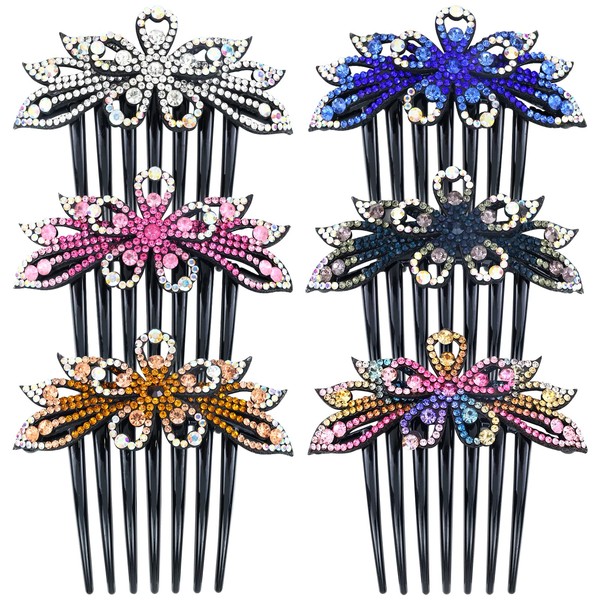 Lawie 6 Pack Large Crystal Rhinestone Side Comb Fancy Sparkly Jeweled Long Teeth Plastic Decorative Hair Combs Accessories French Twist Bun Thick Hair Holder Barrette Hairclips Hair Flower for Women