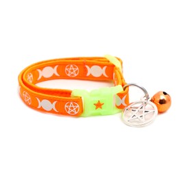 Wicca Cat Collar with Occult Charm & Bell | Witch’s Familiar Cat Collar | Witch Kitten Collar Charms | Glow in The Dark | Safety Breakaway Collar (Small(10lbs & Less), Orange)