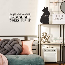 Vinyl Wall Art Decal - She Gets What She Wants - 9" x 22" - Modern Inspirational Good Vibes Cute Girly Quote Sticker for Bedroom Closet Boutique Beauty Salon Office Yoga Ballet Feminine Decor (Black)