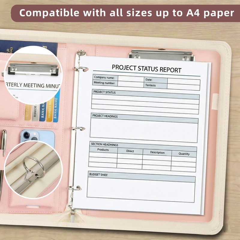 Zippered Padfolio with 3-Ring Binder & Clipboard, PU Leather Portfolio