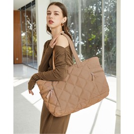 Prite Quilted Tote Bag for Women, Lightweight Puffer Tote with Zipper, Travel Work Nurse Gym Bag(Brown)