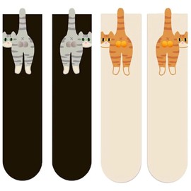 2 Pairs Cute Cat Socks with Balls, Cotton Fun Crew Sock, Novelty Funny Animal Fun Crew Cats Sock Women, Cute Cat Socks for Women