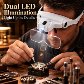  Hand-Free Magnifier for for Reading, Crafts, Detailed Work and Inspection  – Head-Mounted Magnifier 1.0X 1.5X 2.0X 2.5X 3.5X Lens & Dual LED Lights 