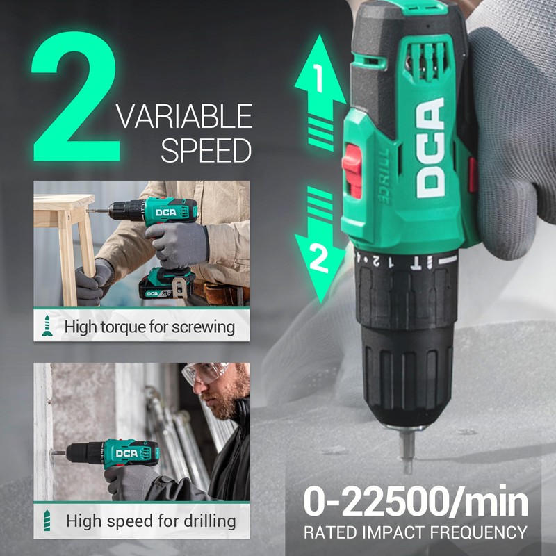 DCA 20V Cordless Hammer Drill Set, 354 In-lbs Torque, 1/2"