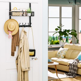 Consumest Over The Door Hooks Organizer - Over Door Hanger with 16 Hooks & 2 Baskets for Hanging Coat, Clothing, Towel, Back Storage for Bathroom, Closet, College Dorm, Black