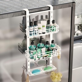 HapiRm 3 Tier Over the Door Shower Caddy, Hanging Shower Caddy with 16 Hooks and 2 Soap Holders, No Drilling Adjustable Hanging Bathroom Organizer - White