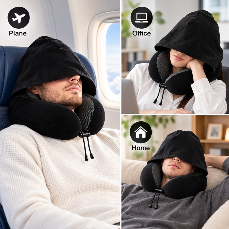 Hooded Travel Neck Pillow for Airplane & Car – U-Shaped