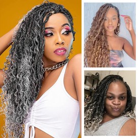 Boho Box Braids Crochet Hair with Curly Hair Pre Loop Long Black Messy Goddess Box Braids Hair Extensions for Black Women (50.8 cm (Pack of 8), 1B/Silver#)