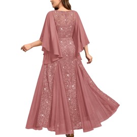 MISSMAY Women's Plus Size Sequins Lace with Ruffle Cape Cloak Sleeves Tulle Mermaid Hemline Evening Prom Long Dress