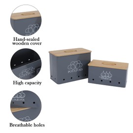 Xbopetda Potato Onion Storage Box, Food Container Sets, Storage Canisters for Vegeatables, Set of 2 Jars Pots Containers, Potato & Onion Bin with Aerating Tin Storage Holes & Bamboo Lid-Gray
