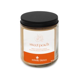 Estrella Blanca Sweet Peach – 9oz Soy Wax in Clear Glass Jar with Black Lid, Long-Lasting Fruity Aromatherapy, Relaxing Home Fragrance, Living Room or Bedroom Decor
