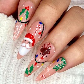 QQPPOLIU Press on Nails,Xmas Press on Nails Almond Nails Medium Length False Nails with Christmas Pattern Design Fake Nails (Blush)