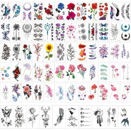 70 hojas de tatuajes temporales para adultos（ adecuado tanto para hombres como para mujeres ）- Diseños de Flores, Mariposas y Más - Impermeables y No Tóxicos