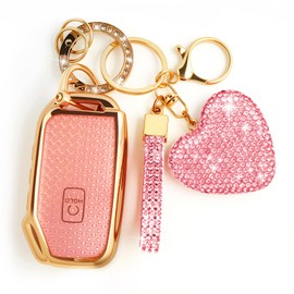 Nomiyo Key Fob Cover with Diamond, Compatible with Kia Cerato Ceed Forte NIRO Sorento Seltos Sportage Soul Telluride, Sparkling TPU Key Case and Elegant Heart Decoration for Women (Pink)