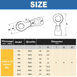 Hanibos Pack of 38 Ring Terminals 12-10 AWG Yellow Cable Lugs Crimp Connector 7 Sizes Cable Lugs Round 4-6 mm² Ring Cable Lugs Hole Diameter M3 M4 M5 M6 M8 M10 M12