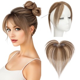 Elailite Side Bangs Clip in Fringe Human Hair Split Curtain Bangs Real Hair Lace Base 360°Cover Top HairPieces 8 Inch - #4/27 Medium Brown Mix Dark Blonde