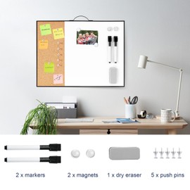 Small Cork Board Whiteboard Combo - 12" X 16" Portable Aluminum Black Framed Magnetic Dry Erase Board for Wall, Mini Bulletin CorkBoard with a Handle for Office, Home and School