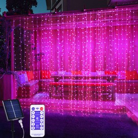 XINXIANLIAN 300LED Solar Curtain Lights Outdoor Indoor Solar String Lights Waterproof Fairy Window Lights, Twinkle Lights 8 Modes Christmas Decoration for Home Garden Patio Wedding Party (Pink)