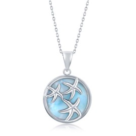 Beaux Bijoux 925 Sterling Silver Rhodium Plated High Polished Round Natural Caribbean Larimar Gemstone with Starfish Nautical Inspired 18’’ Pendant Necklace