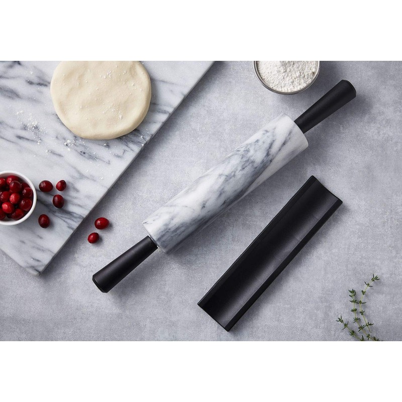 JEmarble Rolling Pin-Plastic Handles(White)(Premium Quality) Polished Surface 18-inch(10"Barrel) Genuine Stone