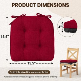 downluxe Indoor Chair Cushions for Dining Chairs, Tufted Overstuffed Textured Kitchen Chair Pads with Ties and Non-Slip Backing, 15.5" x 15.5" x 4", Red, 6 Pack