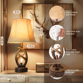 Scenekoy Rustic Farmhouse Antlers Bedside Table Lamp Set of 2 with Nightlight Dual USB Ports Leather Soft Bell Shade Brown Finish nightstand Lamp Decor for Living Room Bedroom Office House Hotel