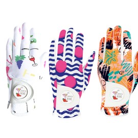 VEASAERS Golf Gloves Women Right Handed Golfer Left Hand with Ball Marker 3 Pack, Ladies Breathable Soft All Weather Grip Printed Pattern Colored Glove (3 Pack Full Finger, Medium, Worn On Left Hand)