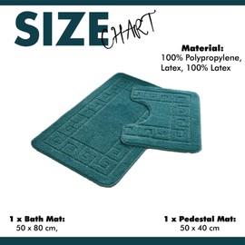 Lions 2 Piece Non Slip Striped Bath Mat & Pedestal Set - Greek Key Pattern Bathroom Toilet Rugs, Microfibre Mats, Super Soft Bathmat (Teal)