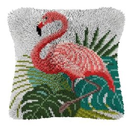 ROCKY&CHAO DIY Latch Hook Kits Pillow Case Embroidery Carpet Set Needlework Pillow Cover Sofa Cushion Cover Craft Kits 17x17 inch (Flamingo)