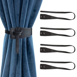 TKGKHK Leather Curtain Tiebacks，Set of 4 PU Leather Curtain Buckle Curtain Holdbacks Classic Ties Taping Curtain Rope Tieback Home Office Living Room Window Curtain Buckle Cords (Black) (KEY09-0046)