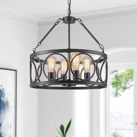 PNOUKF Farmhouse Industrial Drum Pendant Light, 4-Light Adjustable Height Black Kitchen Island Chandelier with E26 Bulb Sockets