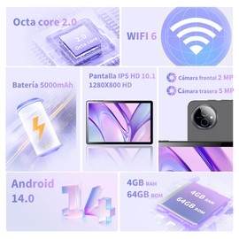 Veidoo 10.1-Inch Tablet, 8 (4+4) GB RAM 64GB ROM (1TB Expandable), Android 14 Tablets with Octa-Core Processor, WiFi 6, IPS HD Touchscreen, Dual Camera, Bluetooth 5.0, GPS