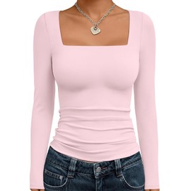 Trendy Queen Womens Cropped Long Sleeve Top - Square Neck Y2K Going Out & Workout Shirts, Soft Stretchy Fit Pink L
