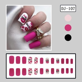 Valentine's Day Press on Nails Short Square Fake Nails Rose Red False Nails Press ons with Rose Red Lip Print Letters Design Nail Art Tips Full Cover Frosted White Acrylic Nails for Women 24 Pcs