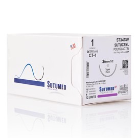 Sutumed SUTUCRYL Absorbable Polyglactin Surgical Suture USP Size 1, 1/2 36mm Taper Point Needle, 28 Inches (70 cm), 12 Count