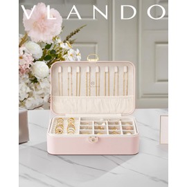 Vlando Jewelry Box Organizer for Women Girls, 2 Layer Jewelry Case with Lock,Jewelry Storage Earrings Necklace,Rings,Gift Box Packaging,Wedding Birthday Gifts-Pink
